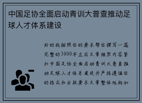 中国足协全面启动青训大普查推动足球人才体系建设