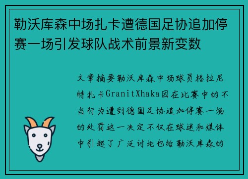 勒沃库森中场扎卡遭德国足协追加停赛一场引发球队战术前景新变数