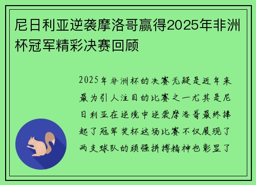 尼日利亚逆袭摩洛哥赢得2025年非洲杯冠军精彩决赛回顾